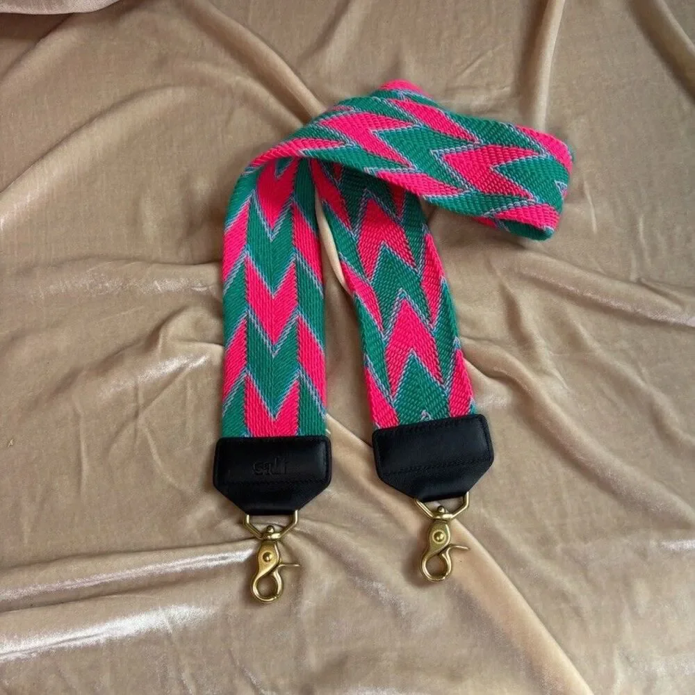 Shoppe Salt Handwoven Bag Strap Hot Pink Green Chevron Brass Hardware NWOT